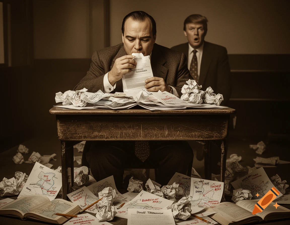 A man resembling Marlon Brando in a suit sits at a desk, dramatically eating papers that look like Donald Trump's homework, while a surprised Trump stands in the background. The scene is in muted sepia tones with scattered papers and maps.