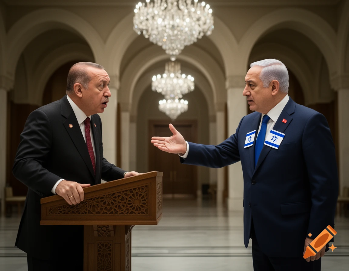 Recep Tayyip Erdoğan, leader of Turkey, stands at a podium speaking intently, while Benjamin Netanyahu, leader of Israel, gestures with an open hand, wearing Israeli flag badges, in a formal hall.