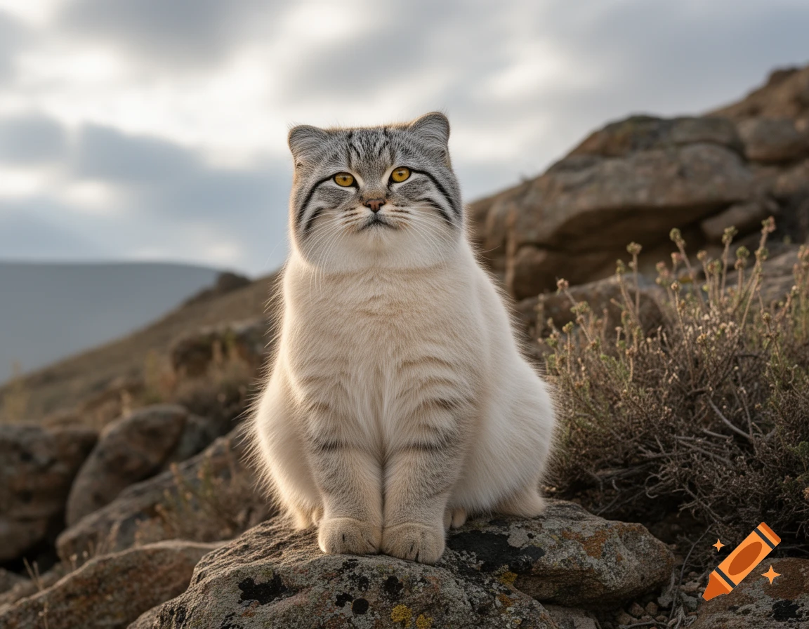 A fluffy Manul cat with distinctive yellow eyes sits proudly on a rock in a rugged, outdoor landscape under a cloudy sky.