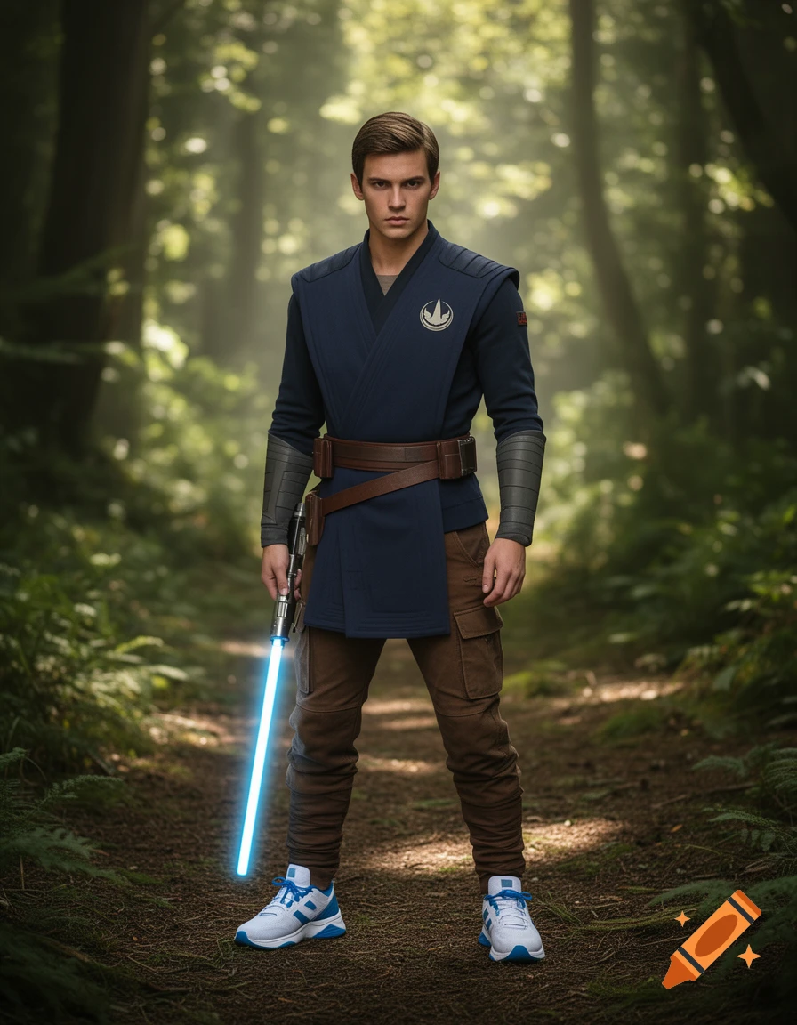 A young man in a dark blue tunic and brown pants, resembling Cal Kestis, holds a blue lightsaber in a forest.