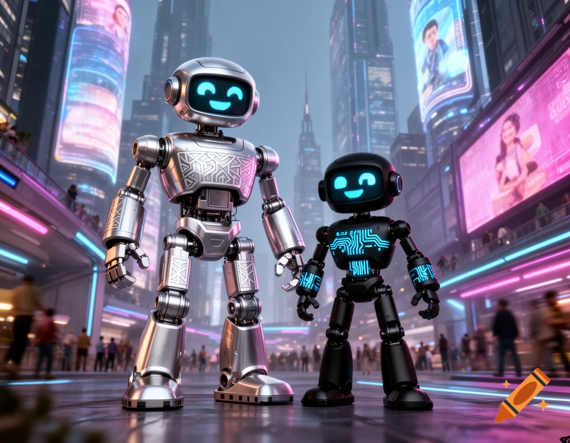 A tall silver robot and a smaller black robot stand in a neon-lit futuristic city with tall buildings and bustling streets.