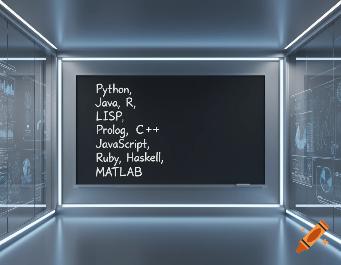 A blackboard in a sleek, futuristic room lists programming languages, with data displayed on glass walls.