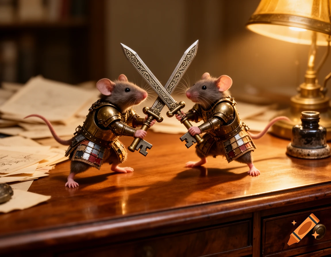 Two photorealistic warrior mice in golden armor cross swords made from antique keys on a wooden desk.