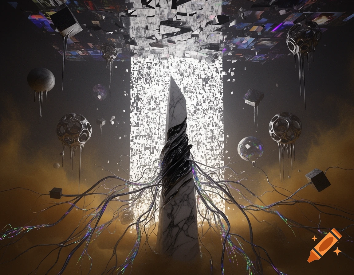 Abstract digital art with a tall, twisting marble spire, iridescent tendrils, and floating geometric shapes under a fragmented pixelated ceiling.