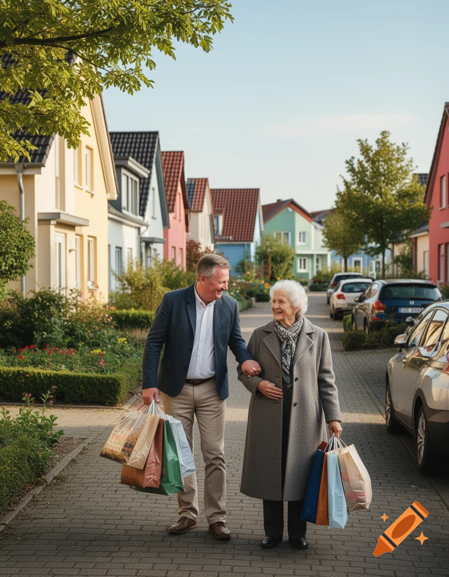A smiling man and an elderly woman walk down a street in a colorful residential neighborhood, both carrying multiple shopping bags.