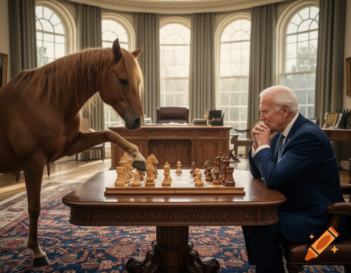 Photorealistic image of Joe Biden intently watching a brown horse make a move on a chess board in a grand office.