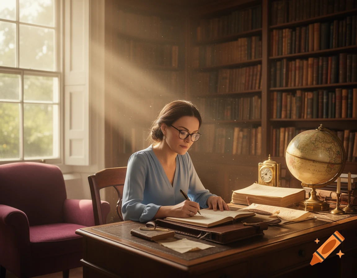 A woman with glasses writes in a book at a wooden desk in a sunlit room filled with bookshelves and a globe.