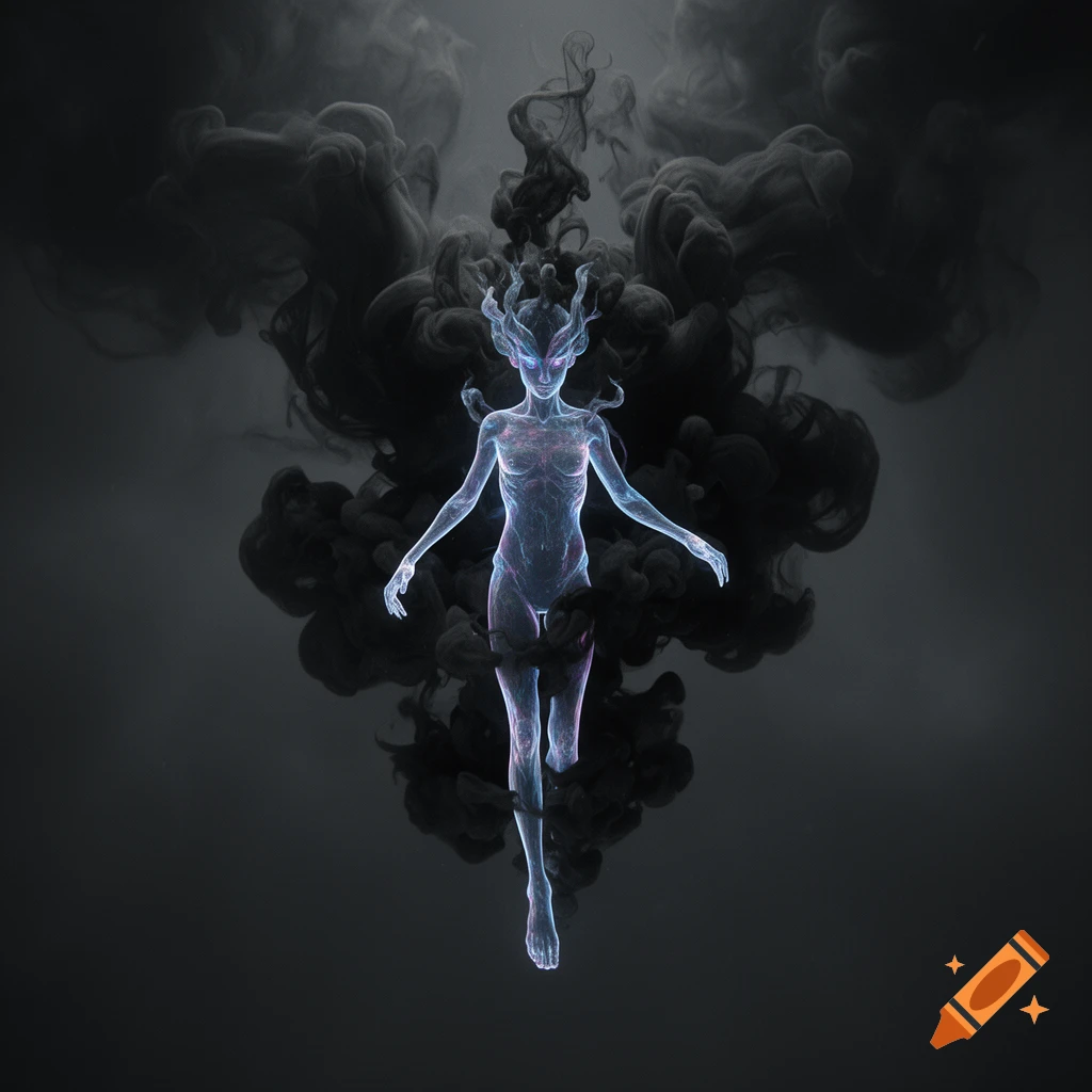 Ethereal, translucent figure glowing with light, emerging from and surrounded by dark, swirling smoke on a dark background.