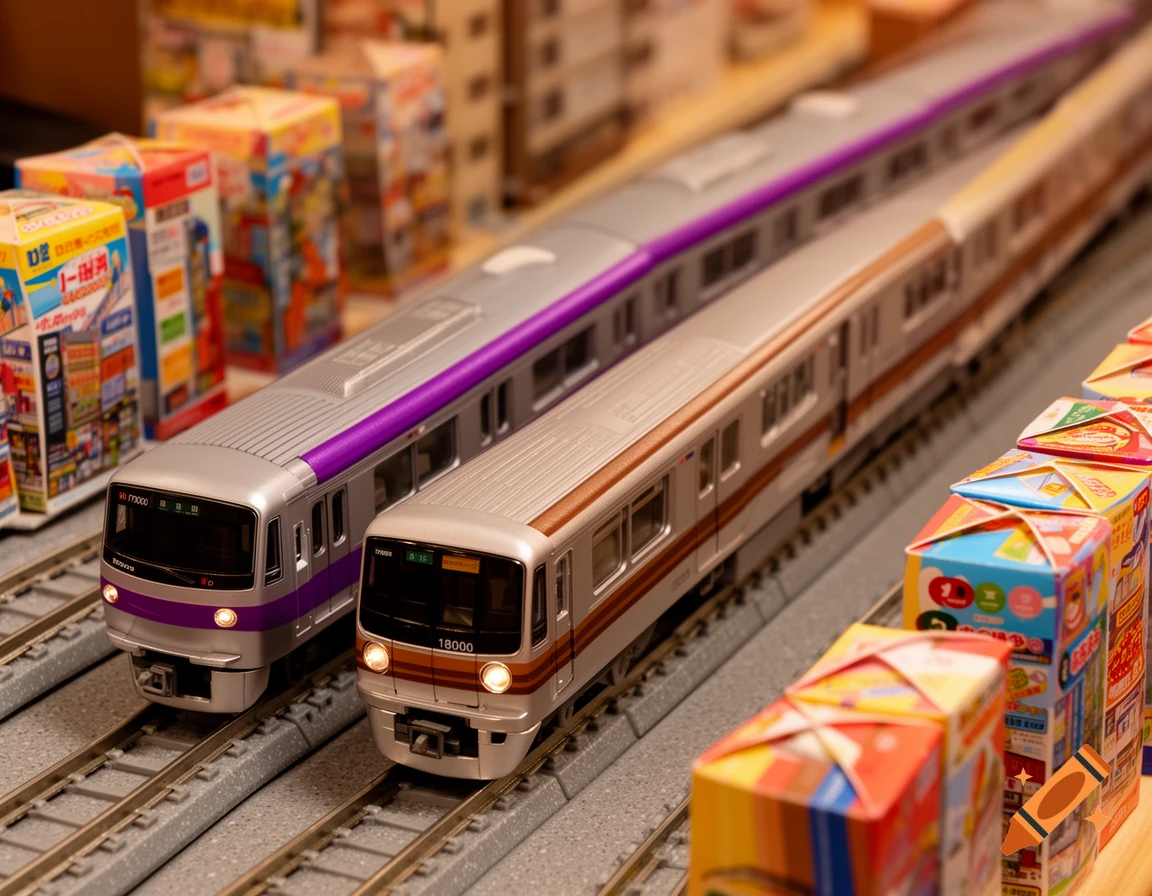Close-up of two model Tokyo Metro trains on tracks, one with purple stripes and one with brown stripes, surrounded by miniature paper toy boxes.