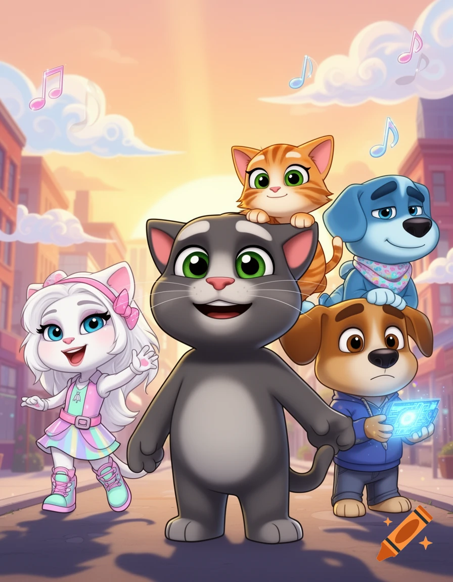 Talking Tom, Angela, and their animal friends pose together on a city street at sunset, with musical notes floating around them.