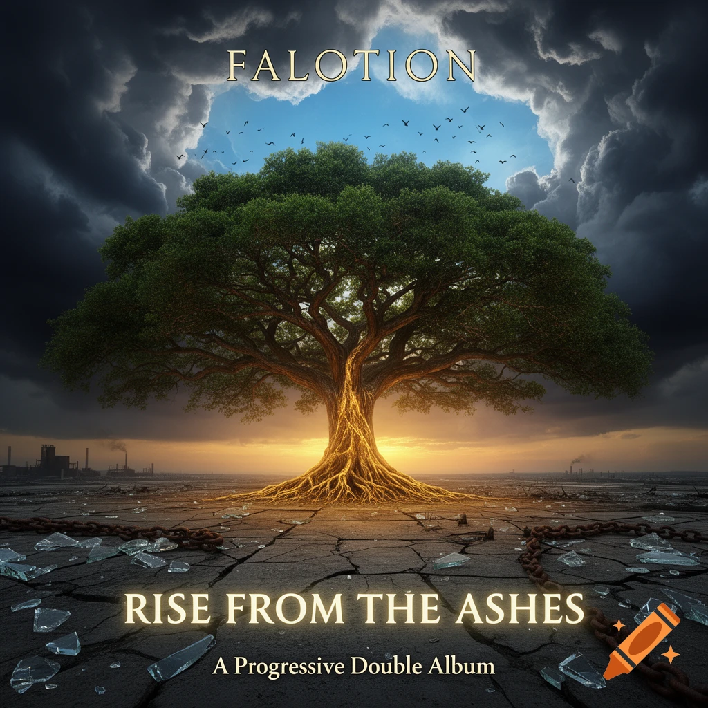 Album art with a vibrant tree and glowing roots on cracked ground amidst broken glass and chains, under dark clouds parting to reveal a blue sky and birds. Titled "FALOTION - RISE FROM THE ASHES".