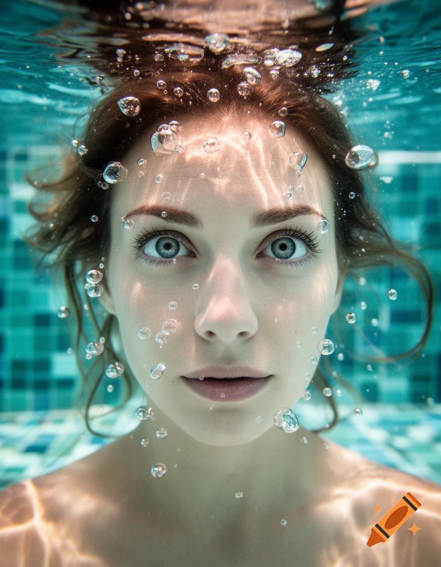 Close-up photorealistic underwater portrait of a woman with wide-open eyes and bubbles around her face in a pool.