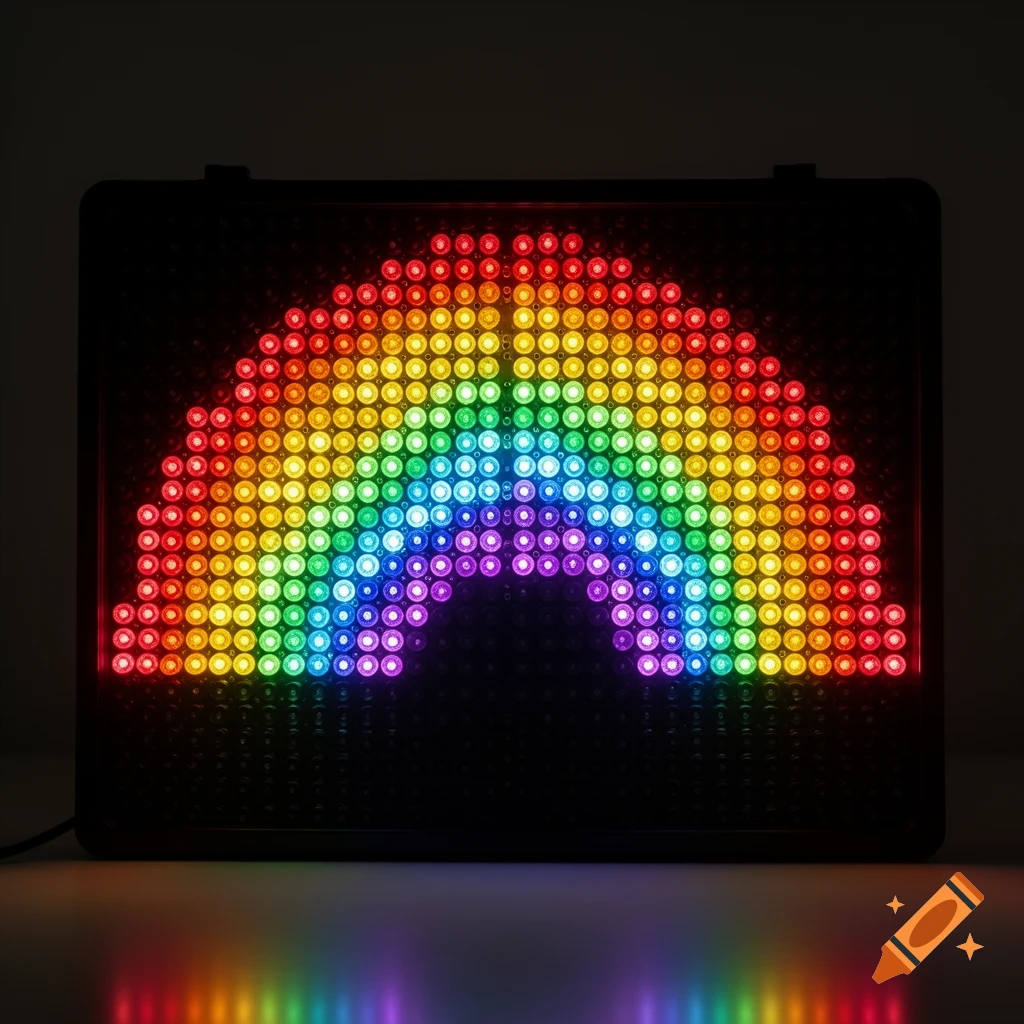 A vibrant rainbow made of colorful LED lights, resembling a Lite-Brite board, reflecting on a dark surface.