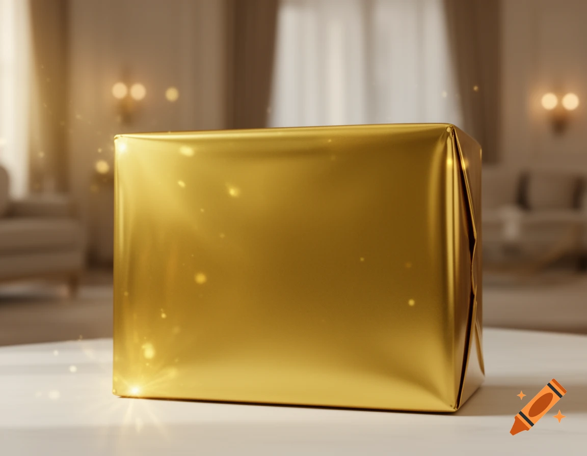 A rectangular box wrapped in shiny gold metallic paper, sparkling on a table in a luxurious room.