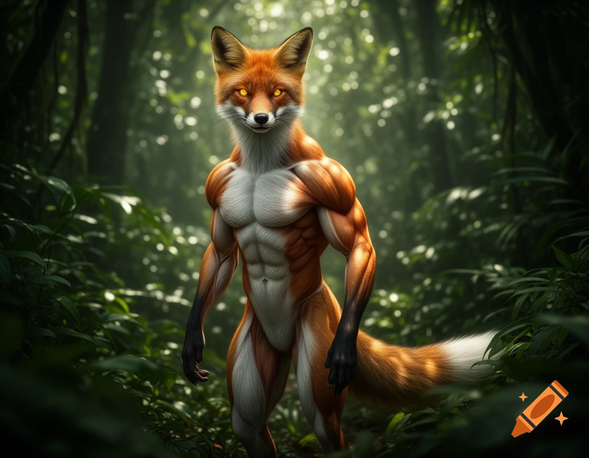 A muscular anthropomorphic fox with glowing yellow eyes stands in a lush green jungle.