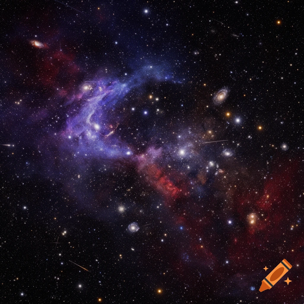 A vibrant purple and red nebula glows among countless stars in deep space, with distant galaxies visible.