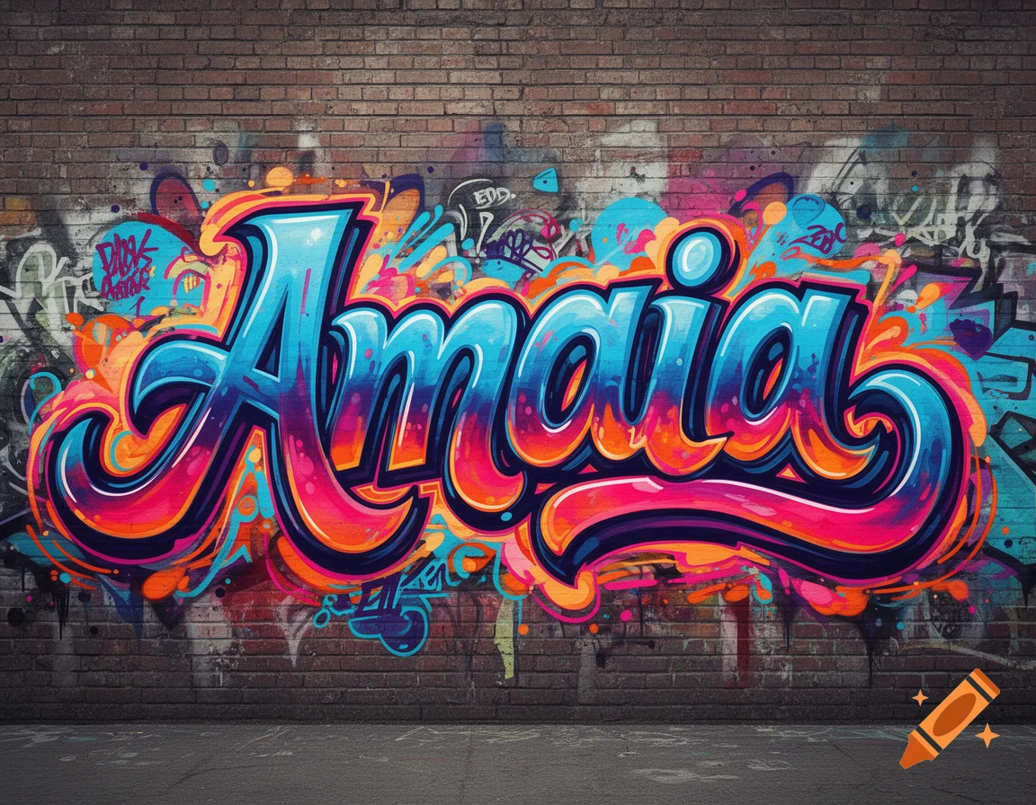 Colorful graffiti art spelling 'Amaia' in a vibrant, stylized font on a brick wall, with additional tags in the background.