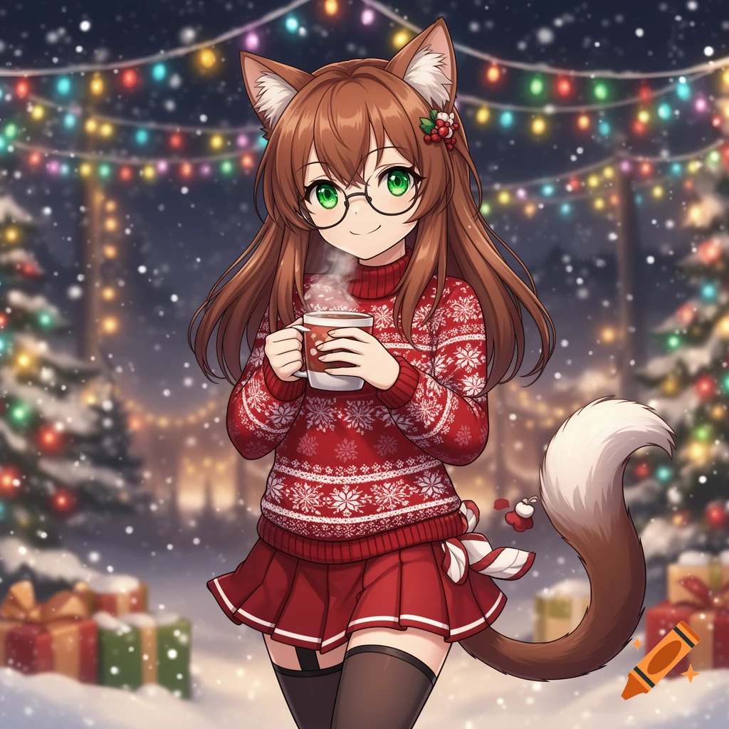 Anime catgirl with brown hair and glasses in a red Christmas sweater, holding a steaming mug in a snowy setting with festive lights.
