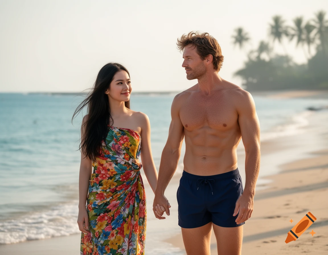 A woman in a floral dress and a shirtless man in swim shorts hold hands while walking on a sunny beach.