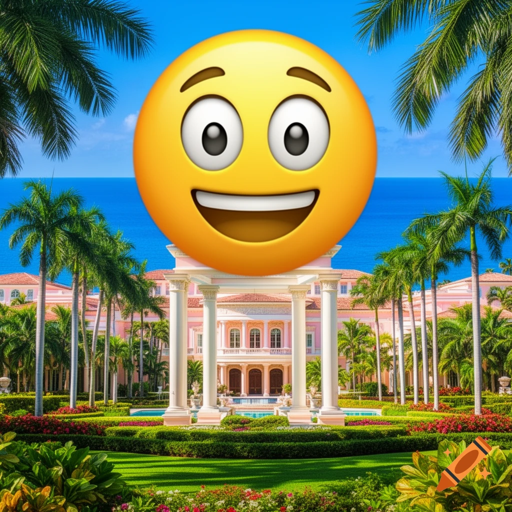 A giant smiling yellow emoji floats above a grand pink mansion with palm trees, green gardens, and the blue ocean under a clear sky.