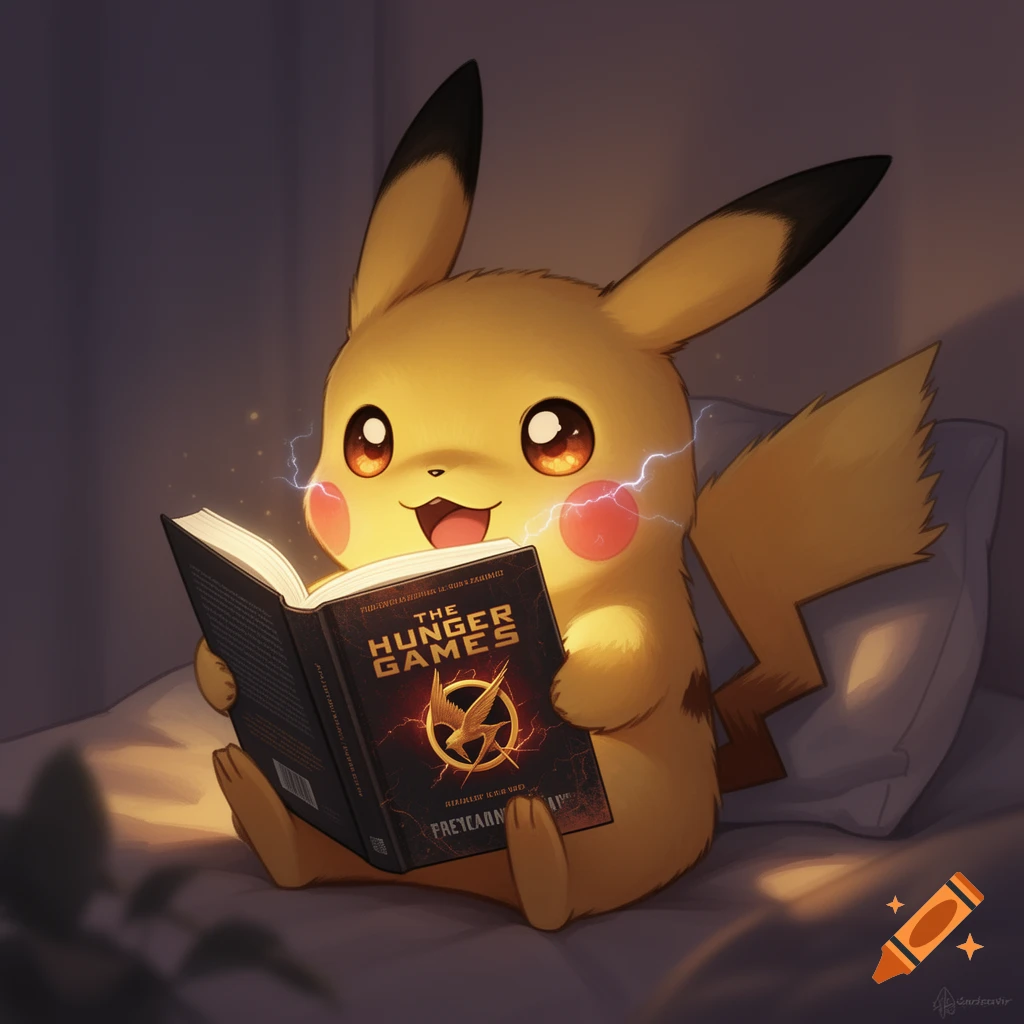 Pikachu sits up in bed, happily reading a copy of 'The Hunger Games' book, glowing with electricity around its cheeks in a cozy, dim room.