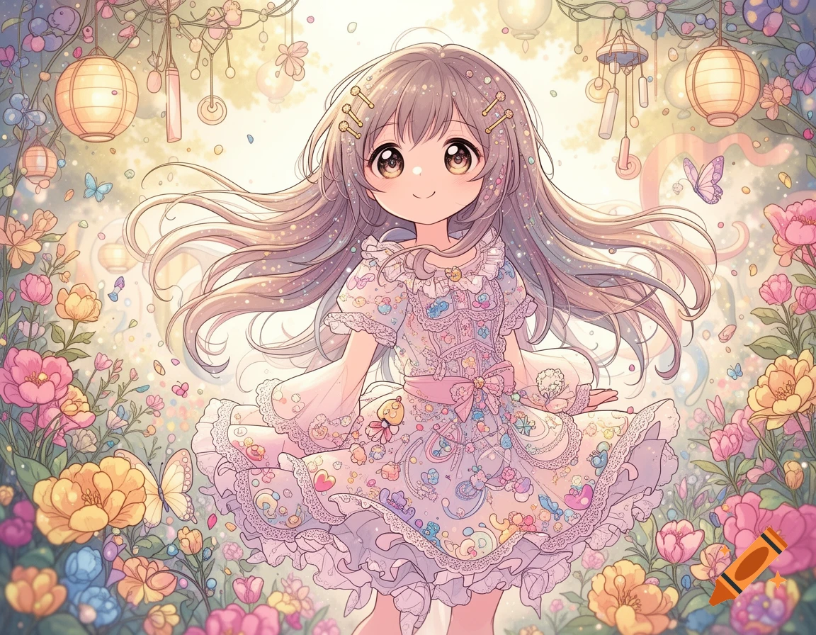 An anime girl with long, sparkling brown hair, wearing a pastel patterned dress, surrounded by colorful flowers, butterflies, and glowing lanterns.