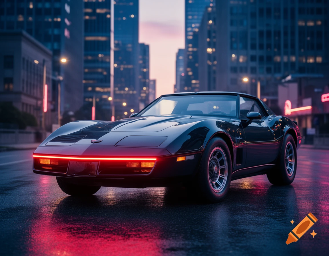 A sleek black 80s Corvette with a glowing red light bar on the front drives on a wet city street at dusk, reflecting neon lights.