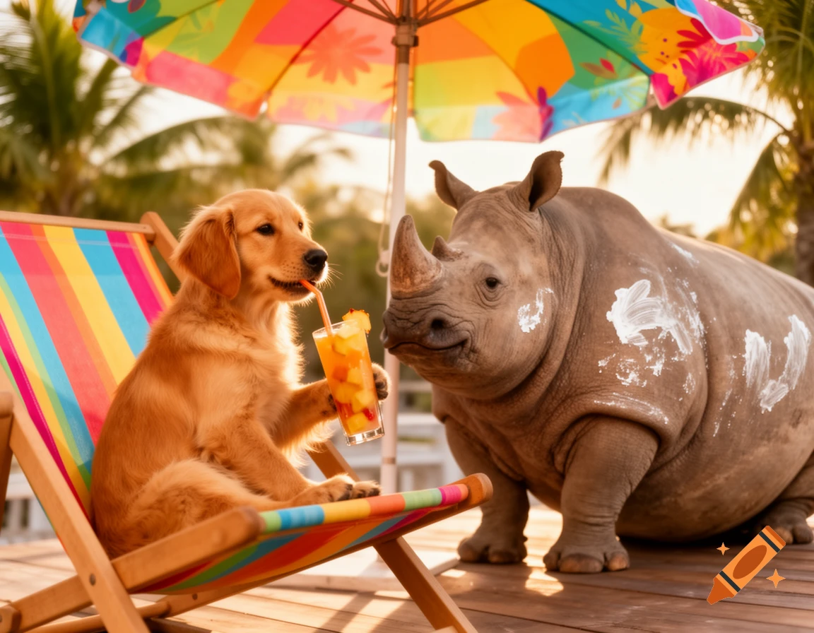 A golden retriever puppy sips a fruit drink in a striped deck chair next to a rhino with sunscreen under a colorful umbrella.
