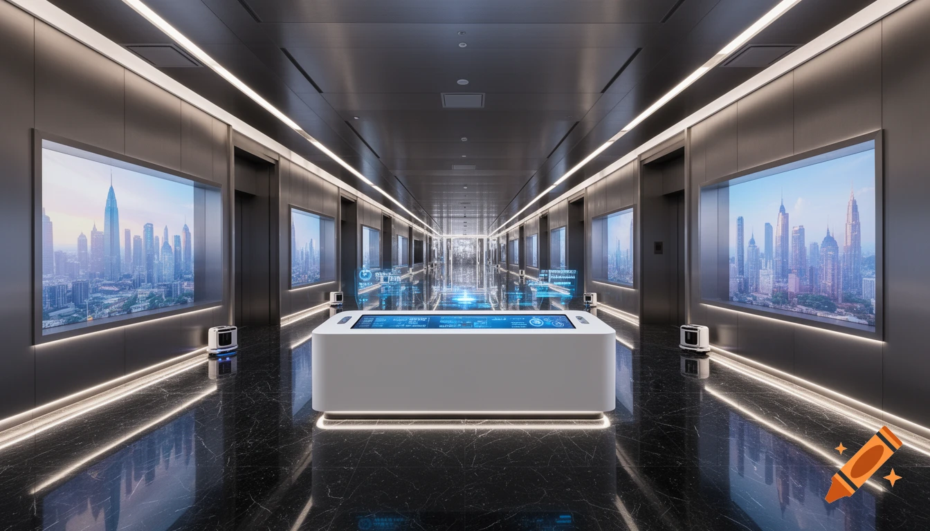 A futuristic hotel lobby with a long corridor, glossy black floors, a white reception desk with blue holograms, and screens showing cityscapes.