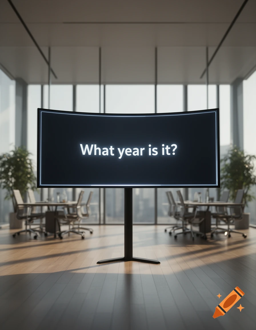 Curved screen displaying 'What year is it?' in a modern office with large windows, photorealistic.