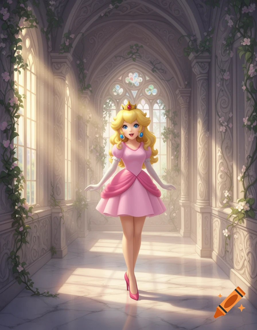 Princess Peach in a pink dress and heels stands in a grand, sunlit castle hallway adorned with vines, in vibrant digital art style.