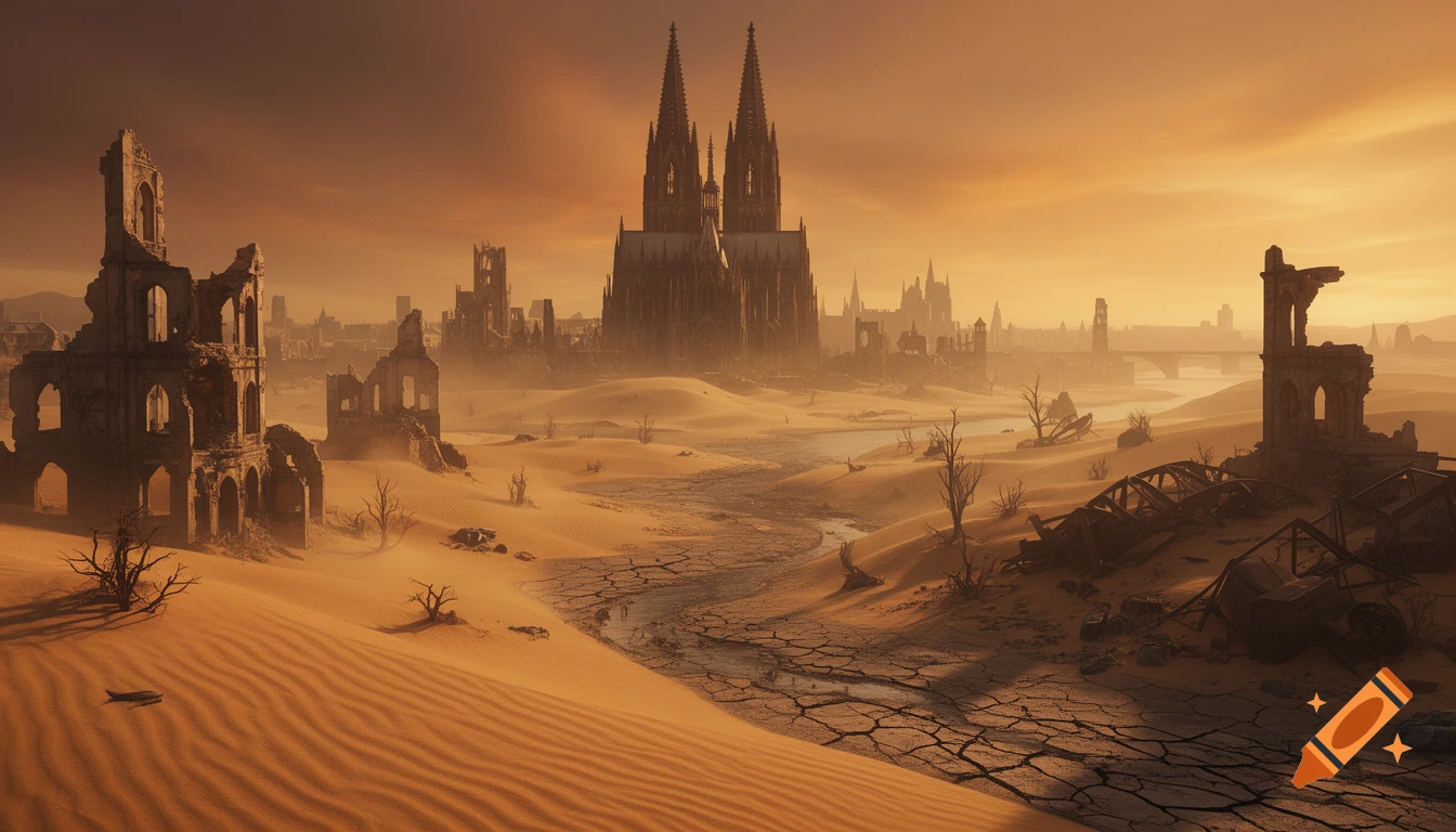 Photorealistic image of a post-apocalyptic Cologne with its cathedral rising from desert sands and a dried-up river.