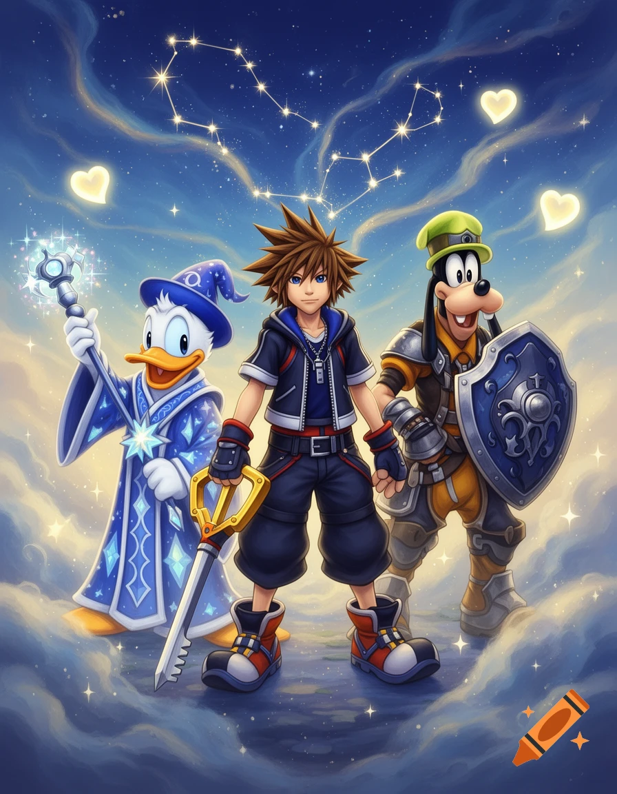Sora, Donald Duck, and Goofy from Kingdom Hearts stand on clouds under a starry, heart-filled night sky.