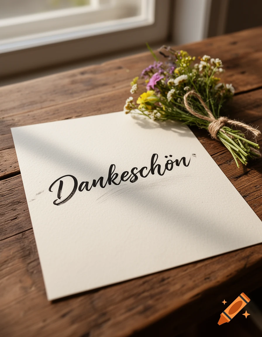 A handwritten 'Dankeschön' note on paper with a small bouquet of wildflowers on a rustic wooden table by a sunny window.