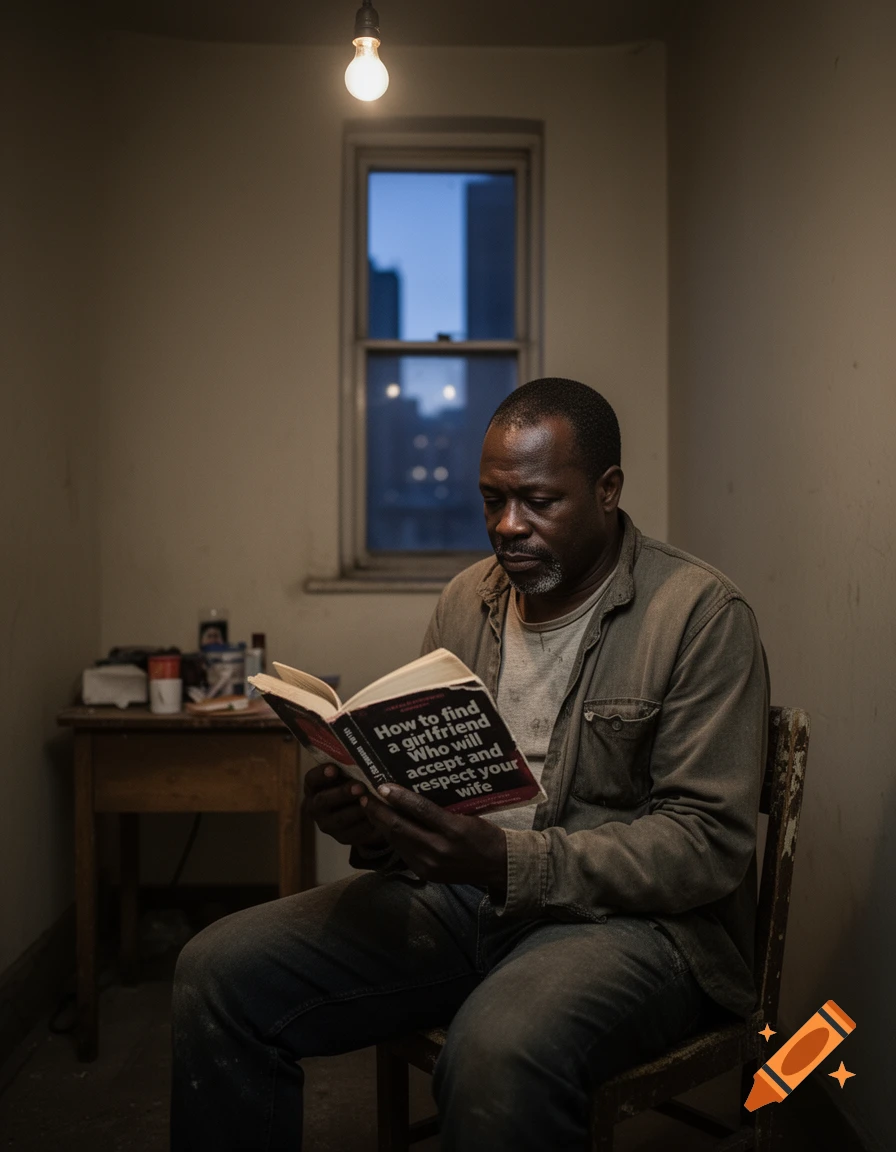A man reads a book titled 'How to find a girlfriend Who will accept and respect your wife' in a dim, sparsely furnished room.