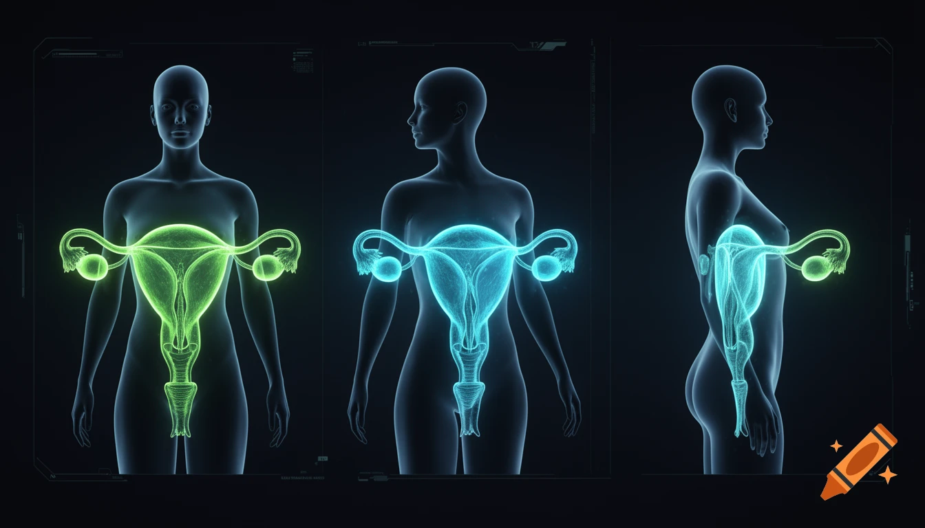 Three views of a glowing, translucent sci-fi hologram of the human female reproductive system: front, 3/4, and side profile.