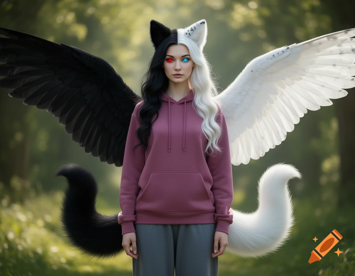 A female character with split black and white hair, fox ears, owl wings, and fox tails, standing outdoors in a pink hoodie.