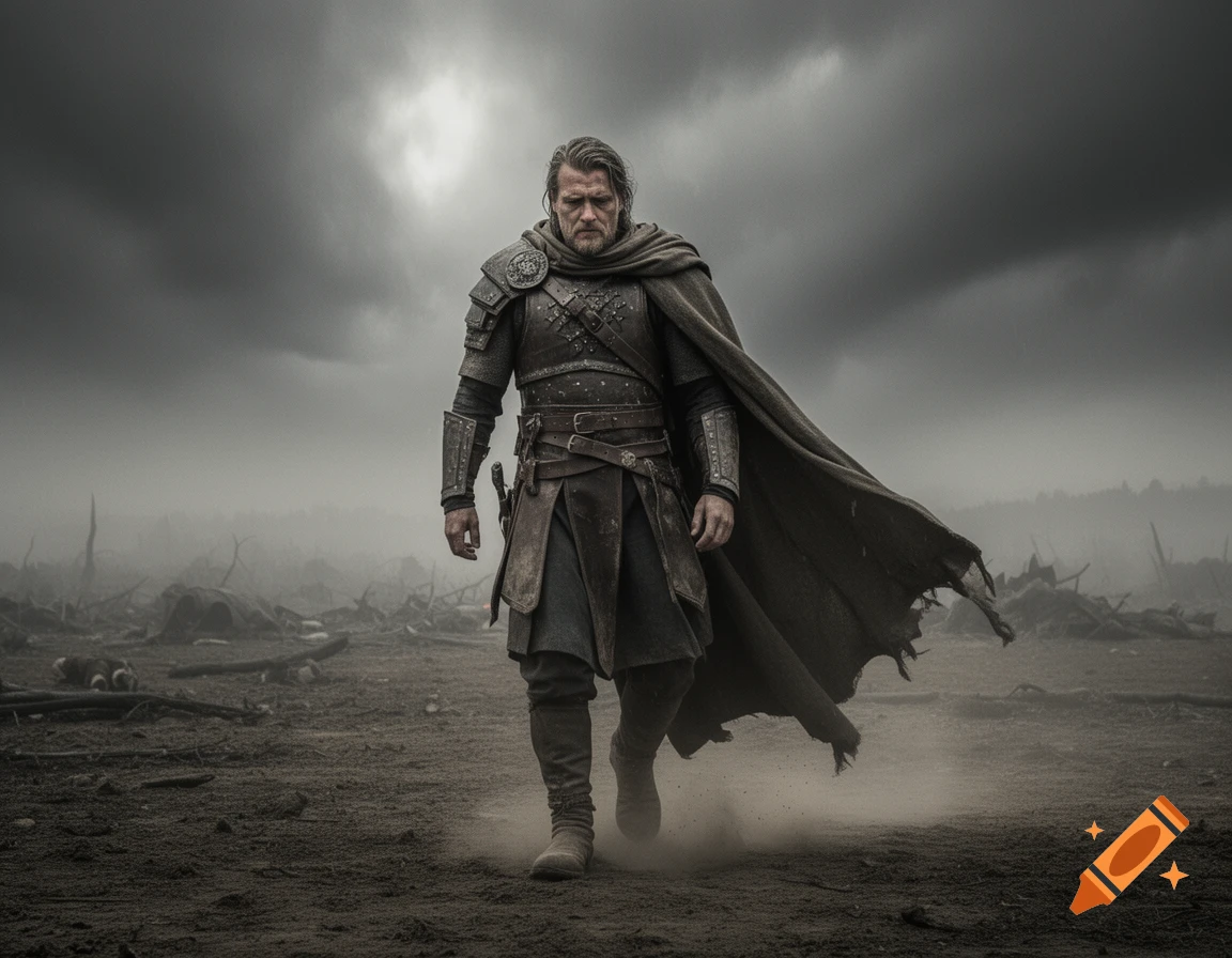 A grim warrior in dark armor and cape walks across a desolate battlefield under a stormy sky, leaving a trail of dust.