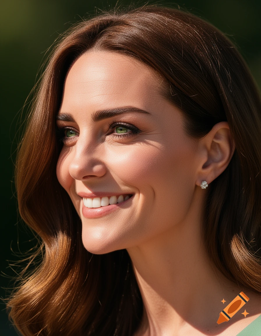 Close-up, 3/4 frontal, photorealistic portrait of Kate Middleton, Princess of Wales, smiling with green eyes and brown wavy hair, lit by sunlight.