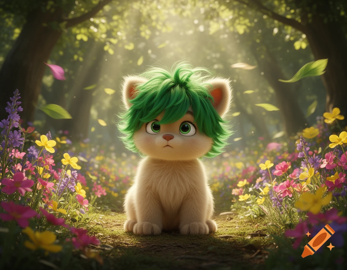 A cute, fluffy light brown cub with bright green hair sits on a forest path surrounded by colorful wildflowers and sunbeams, in a whimsical style.