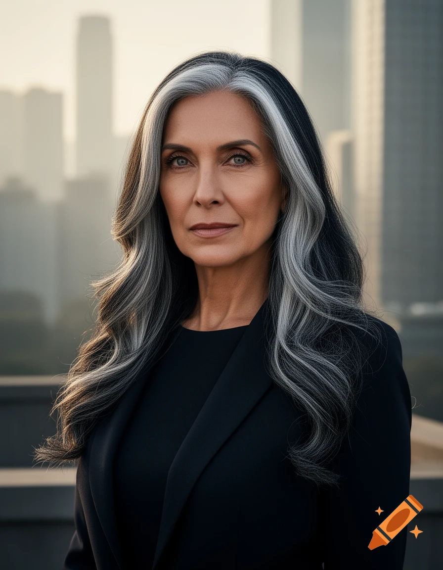 A photorealistic portrait of a serious woman with long dark and silver-streaked hair, wearing a black blazer, against a blurred city skyline.