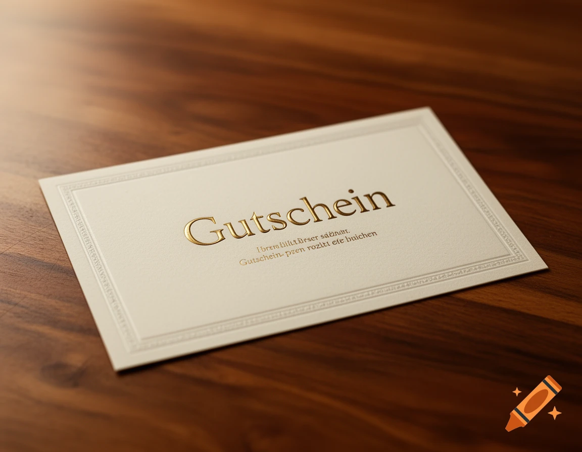 A cream-colored gift voucher with gold embossed text, including "Gutschein," lying on a wooden table.