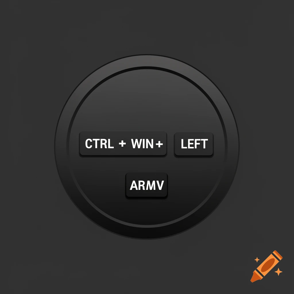 A dark grey round button icon with three smaller black rectangular buttons on it, labeled "CTRL + WIN + LEFT" and "ARMV" on a uniform dark background.