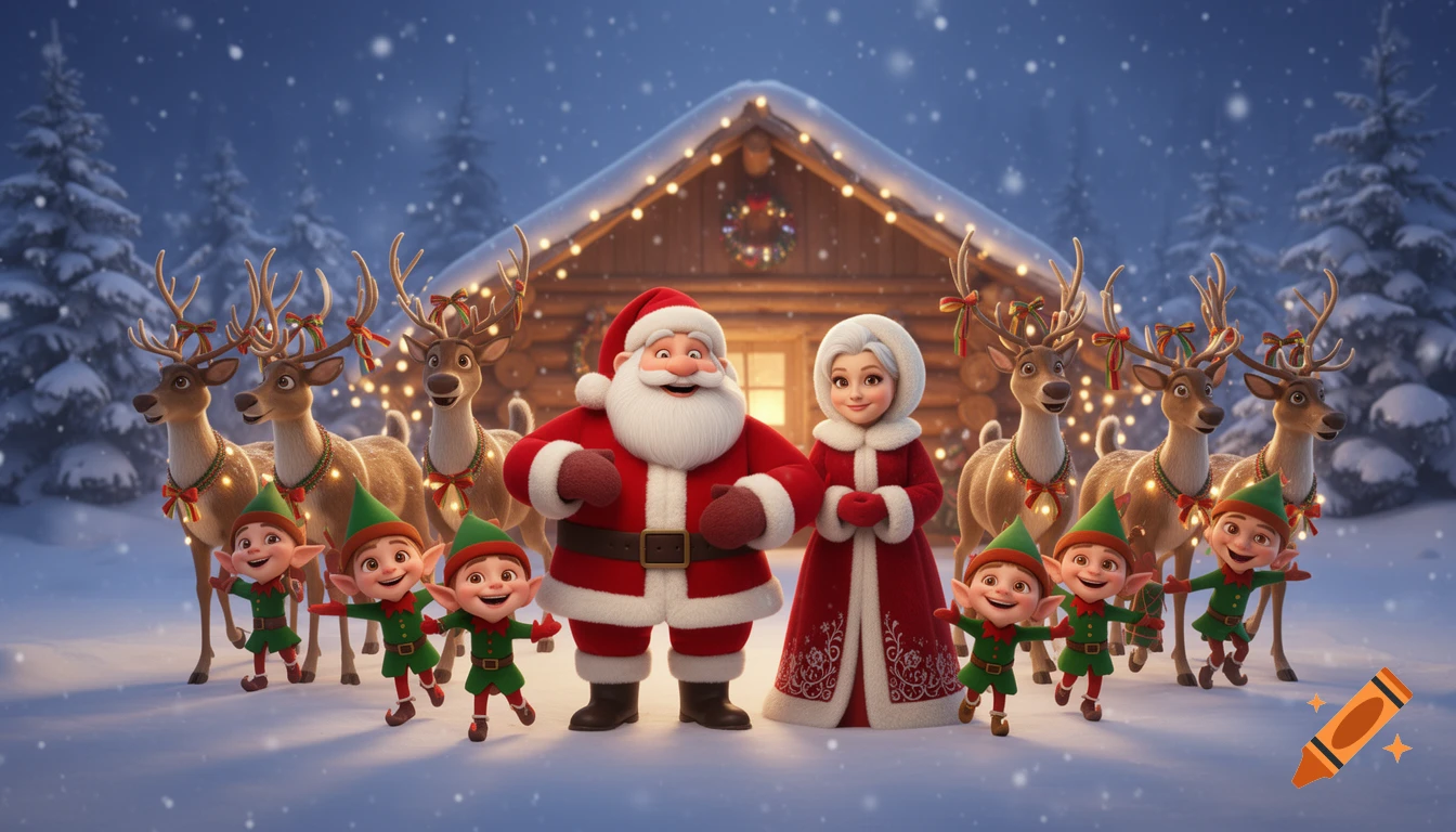 A heartwarming animated Christmas scene with Santa Claus, Mrs. Claus, smiling elves, and reindeer in the snow in front of a lit log cabin.