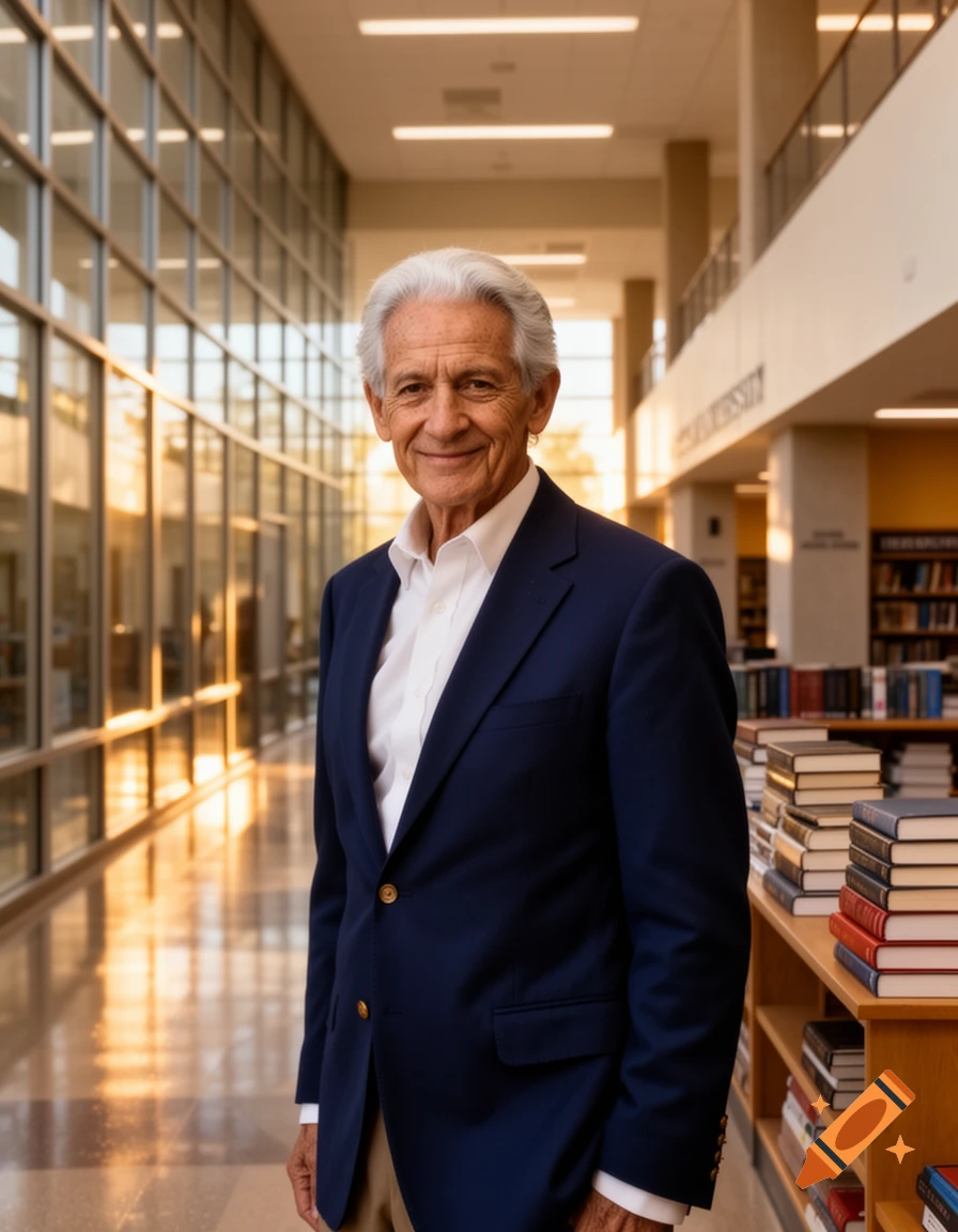 A smiling elderly man with white hair in a white shirt and navy blazer stands in a modern university hallway or library, photorealistic.