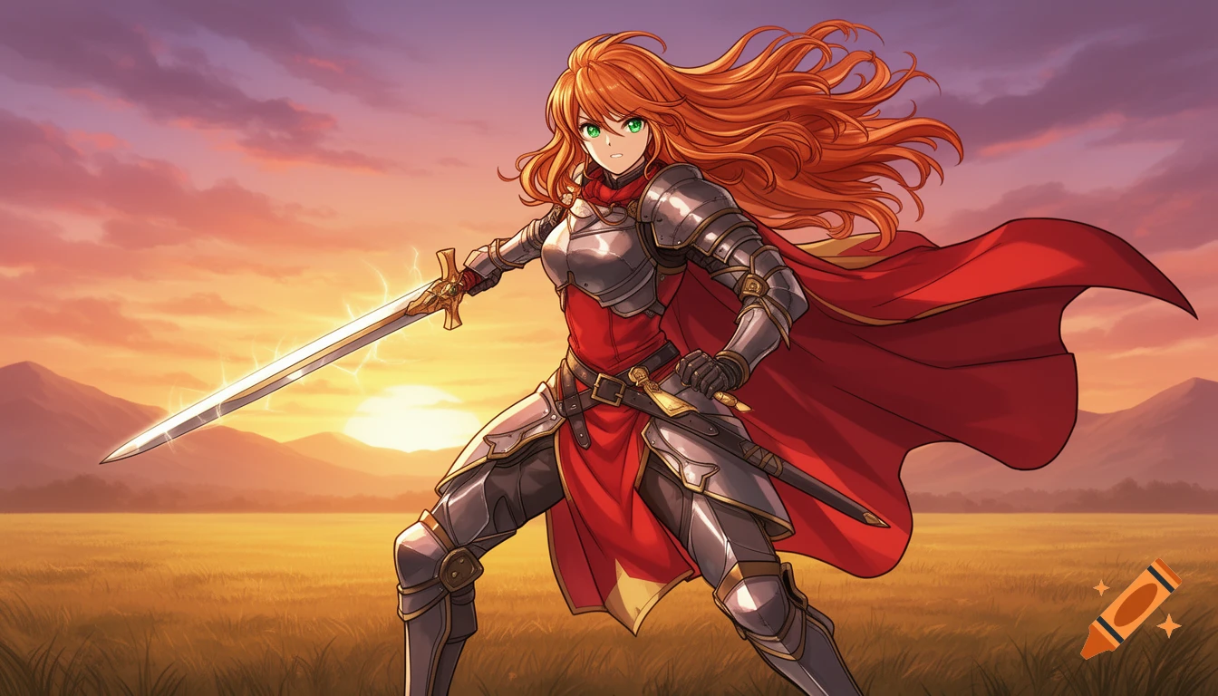 Anime-style female knight with long copper hair and green eyes, wearing armor and a red cape, wielding a glowing longsword against a sunset field.