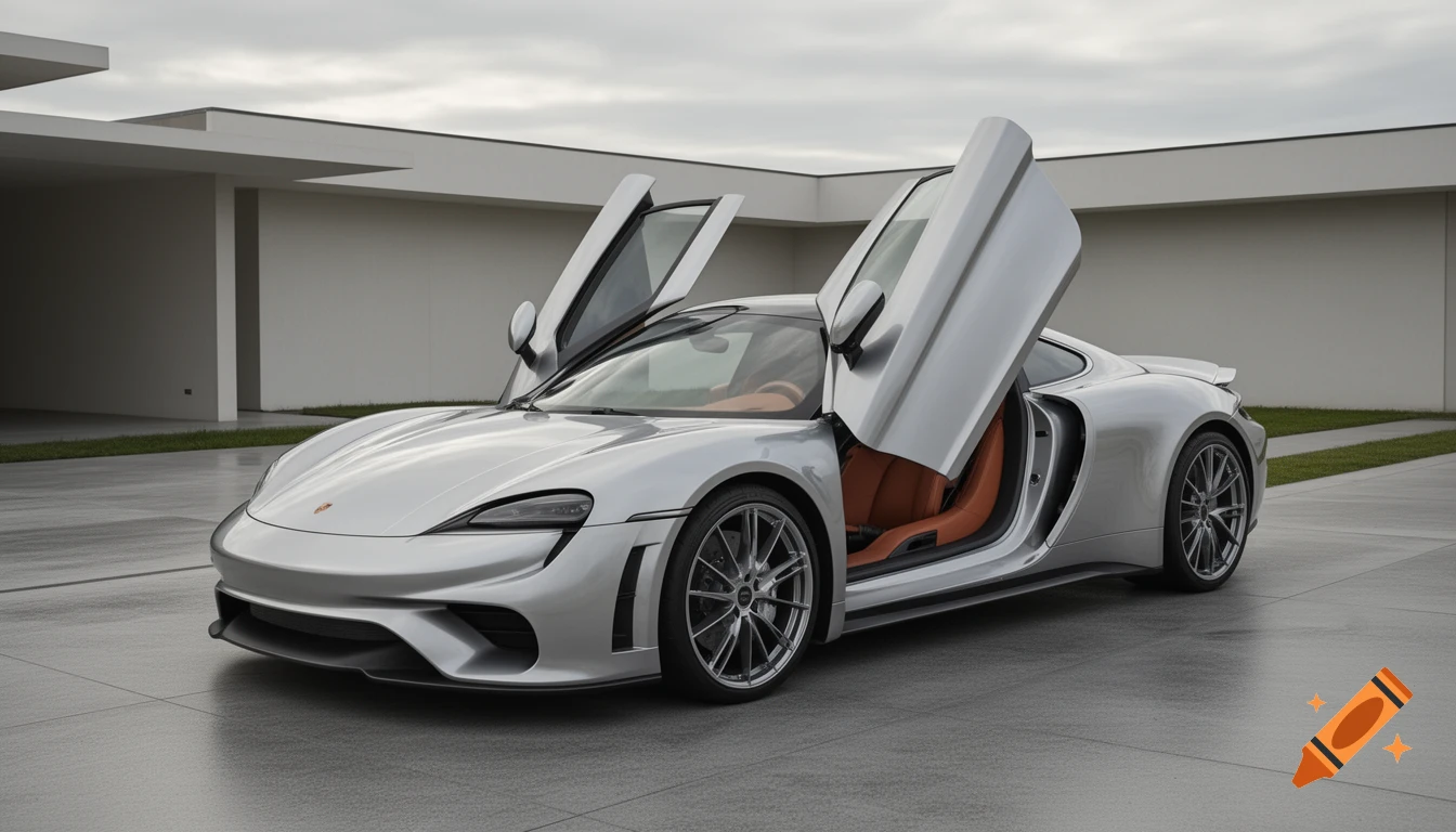 A silver supercar with its butterfly doors open, parked on a paved area outside a modern white building under a cloudy sky.