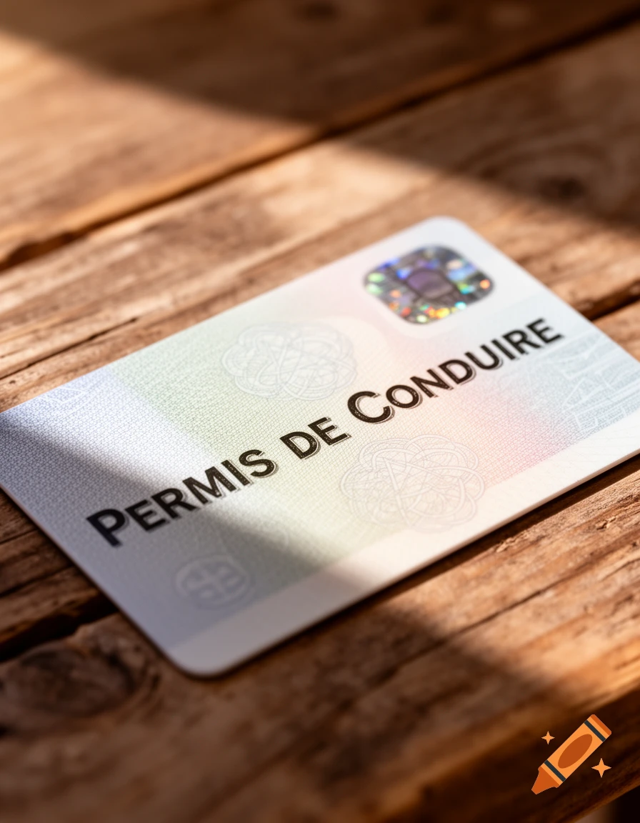 A French driving license, 'Permis de Conduire', resting on a rustic wooden table.