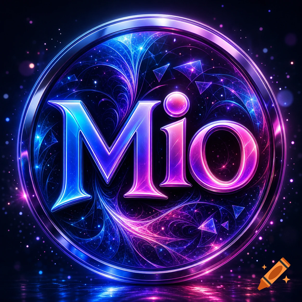 A glowing circular emblem with the word 'Mio' in neon blue and pink, set against an abstract dark background with light particles.