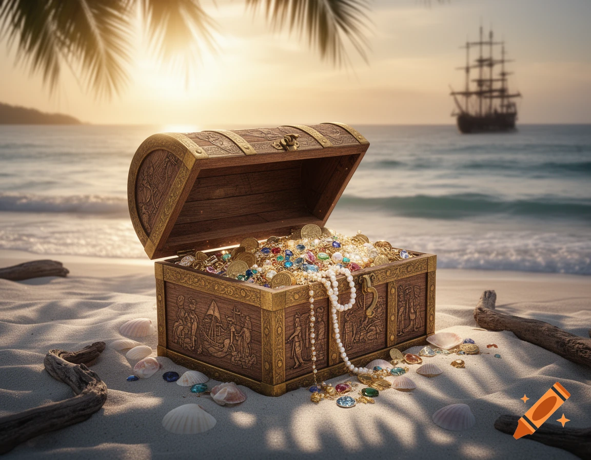A wooden treasure chest overflowing with gold, pearls, and jewels on a sandy beach at sunset, with a pirate ship in the background.